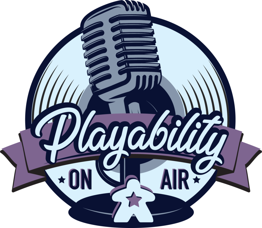 Playability logo - old style microphone in front of a record with a playability banner across the frontl on air and meeple under microphone