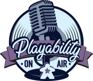 Playability logo - old style microphone in front of a record with a playability banner across the frontl on air and meeple under microphone