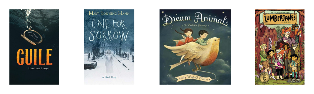 Book covers for: Guile, One for Sorrow, Dream Animals, and Lumberjanes Vol. 1