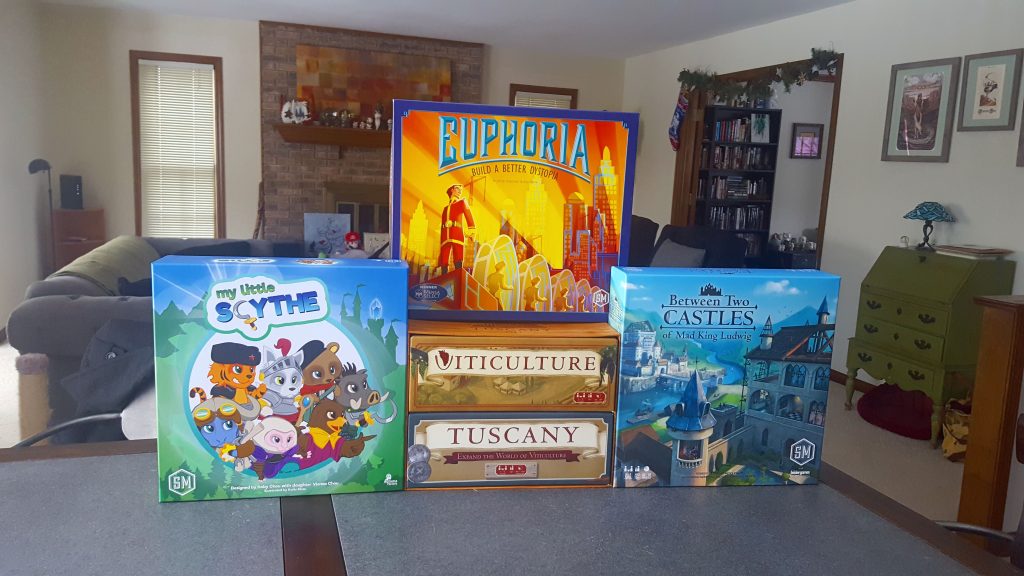 Stonemaier Games: My Little Scythe, Euphoria, Viticulture/Tuscany, Between Two Castles of Mad King Ludwig
