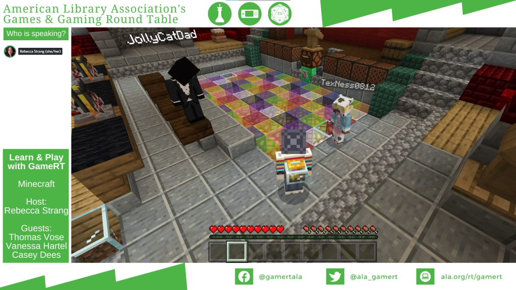 A screenshot of a livestream on Twitch for the GameRT Learn & Play Minecraft session, showing the central room for the Celebration map