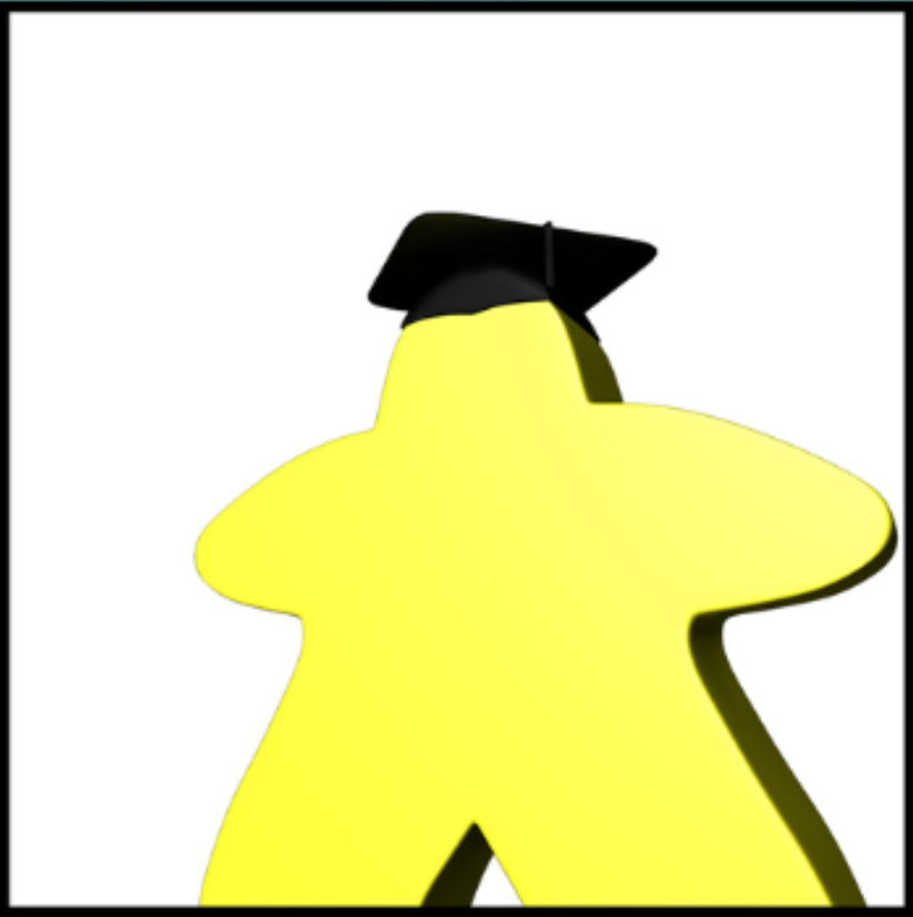 Ludology logo - a yellow meeple wearing a graduation cap