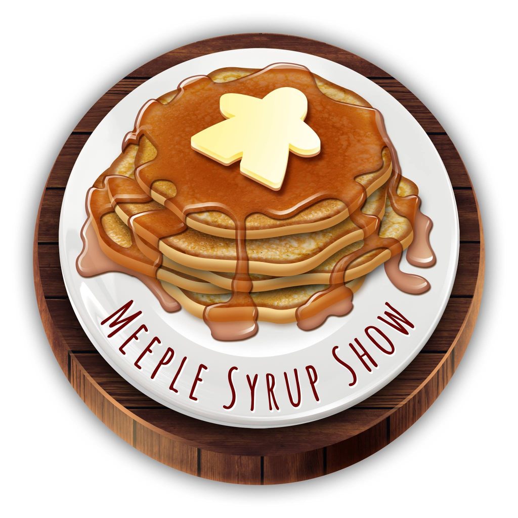 Meeple Syrup Show logo a plate of pancakes with syrup on them and butter in the shape of a meeple
